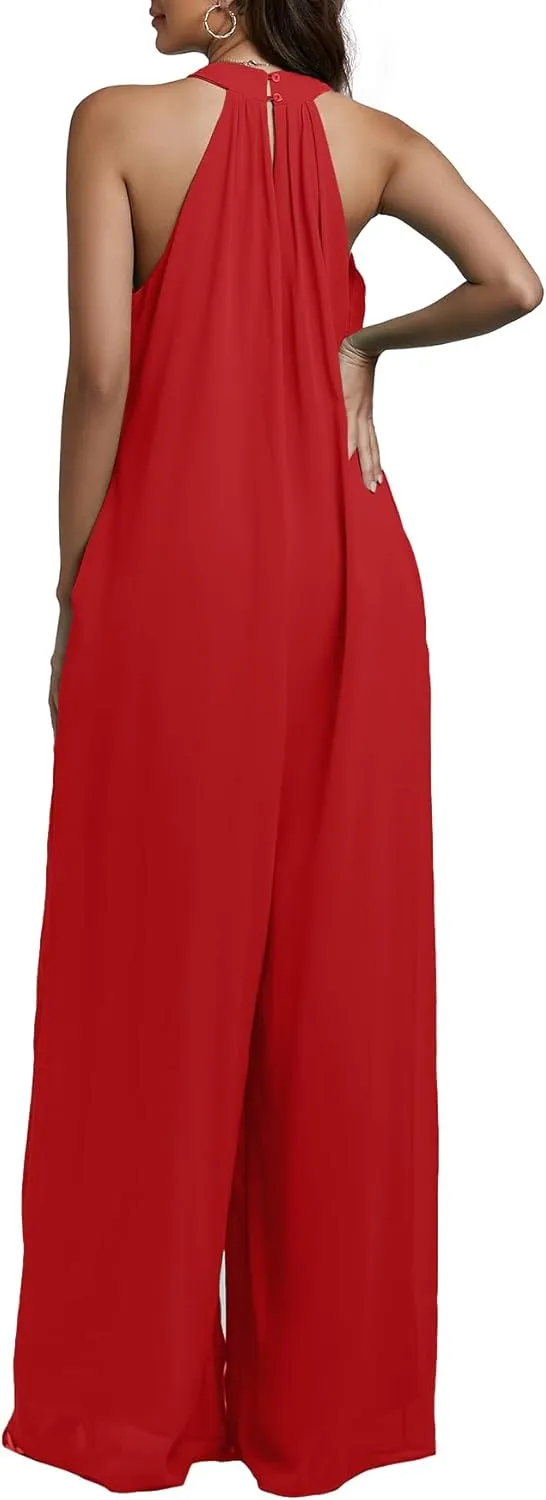 LYANER Women's Halter Neck Sleeveless Chiffon Wide Leg Long Pants Jumpsuit Romper