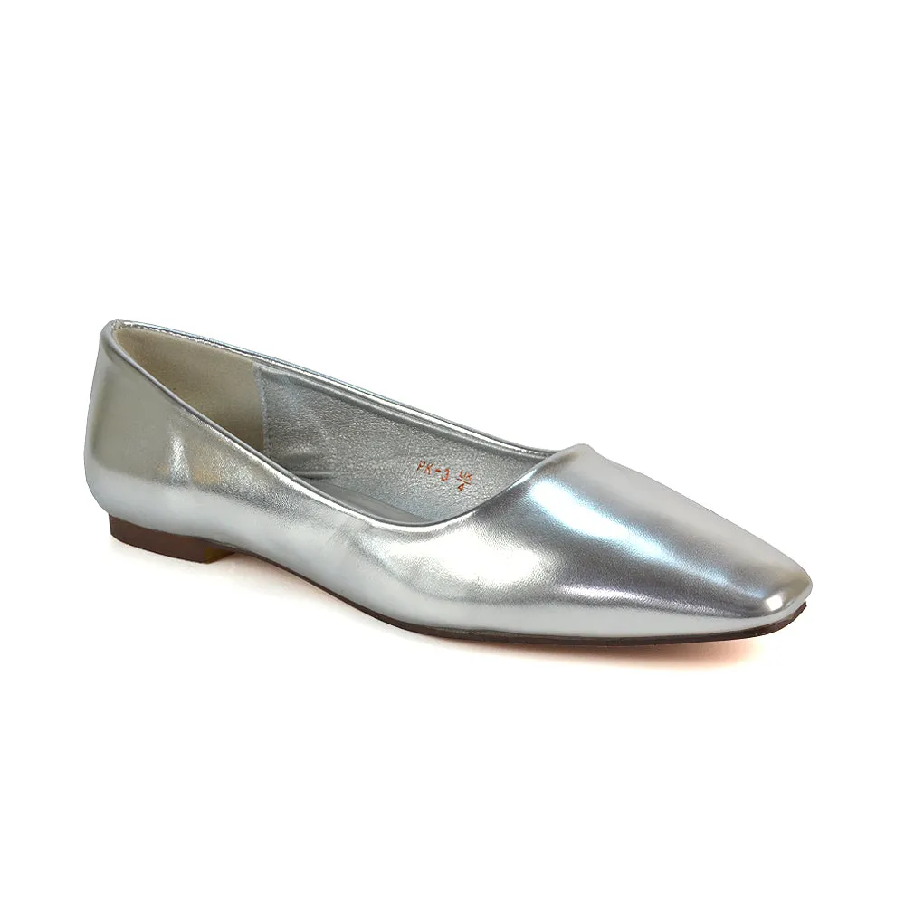 Maci Square Toe Slip on Flat Heel Ballerina Pumps in Black Patent