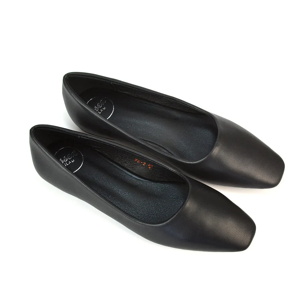 Maci Square Toe Slip on Flat Heel Ballerina Pumps in Black Patent