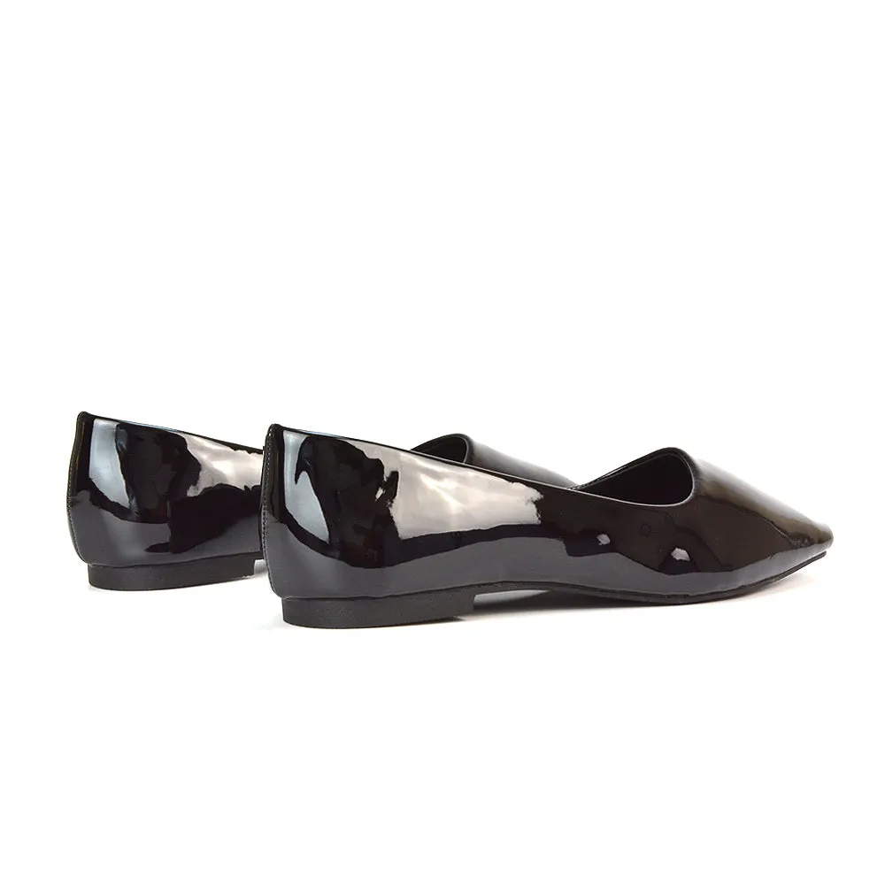 Maci Square Toe Slip on Flat Heel Ballerina Pumps in Black Patent