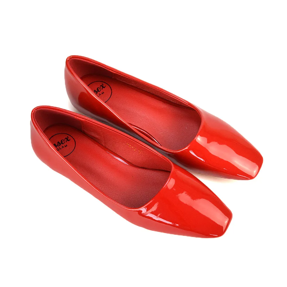 Maci Square Toe Slip on Flat Heel Ballerina Pumps in Black Patent