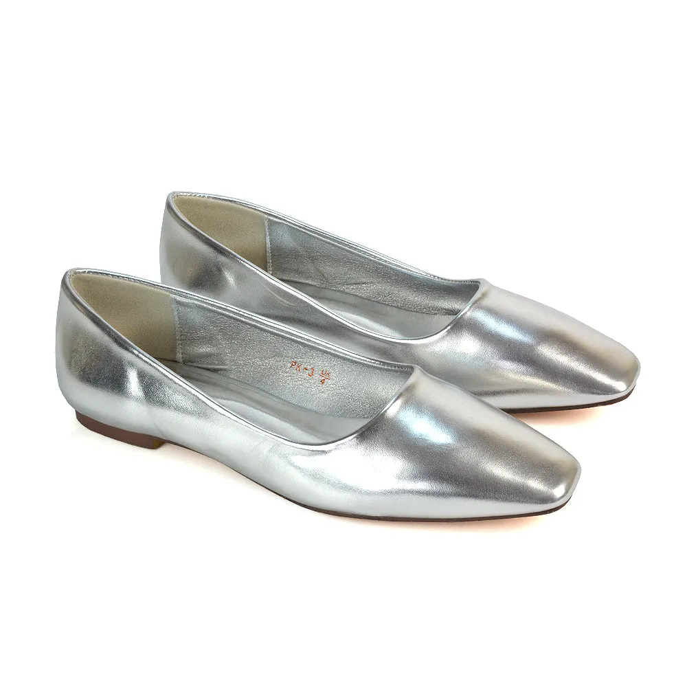 Maci Square Toe Slip on Flat Heel Ballerina Pumps in Black Patent