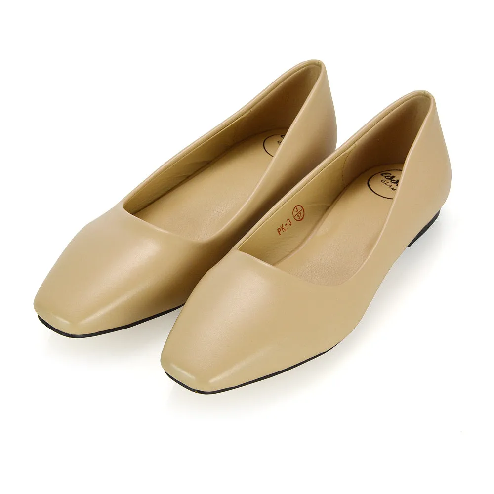 Maci Square Toe Slip on Flat Heel Ballerina Pumps in Black Patent