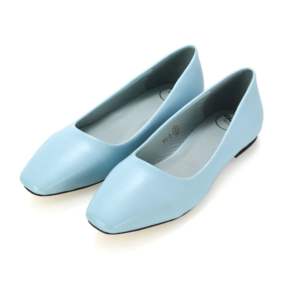 Maci Square Toe Slip on Flat Heel Ballerina Pumps in Black Patent