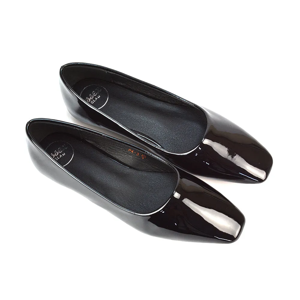 Maci Square Toe Slip on Flat Heel Ballerina Pumps in Black Patent