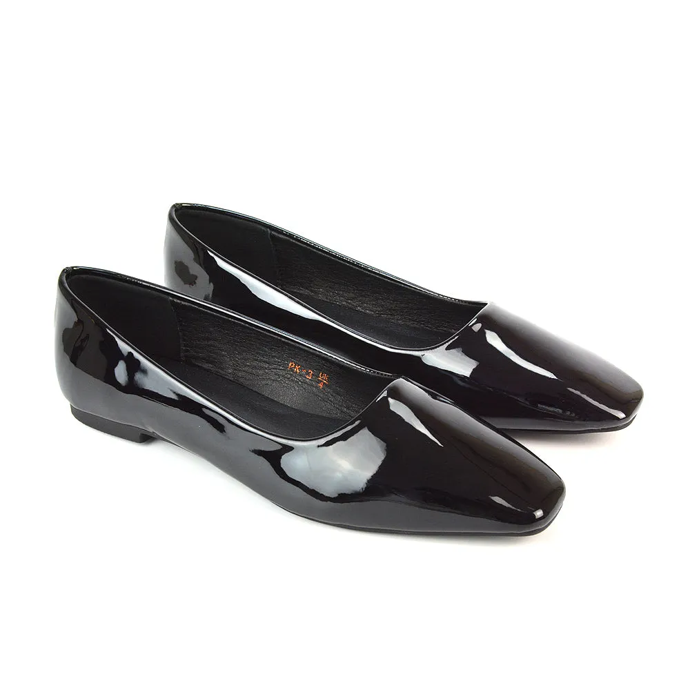Maci Square Toe Slip on Flat Heel Ballerina Pumps in Black Patent