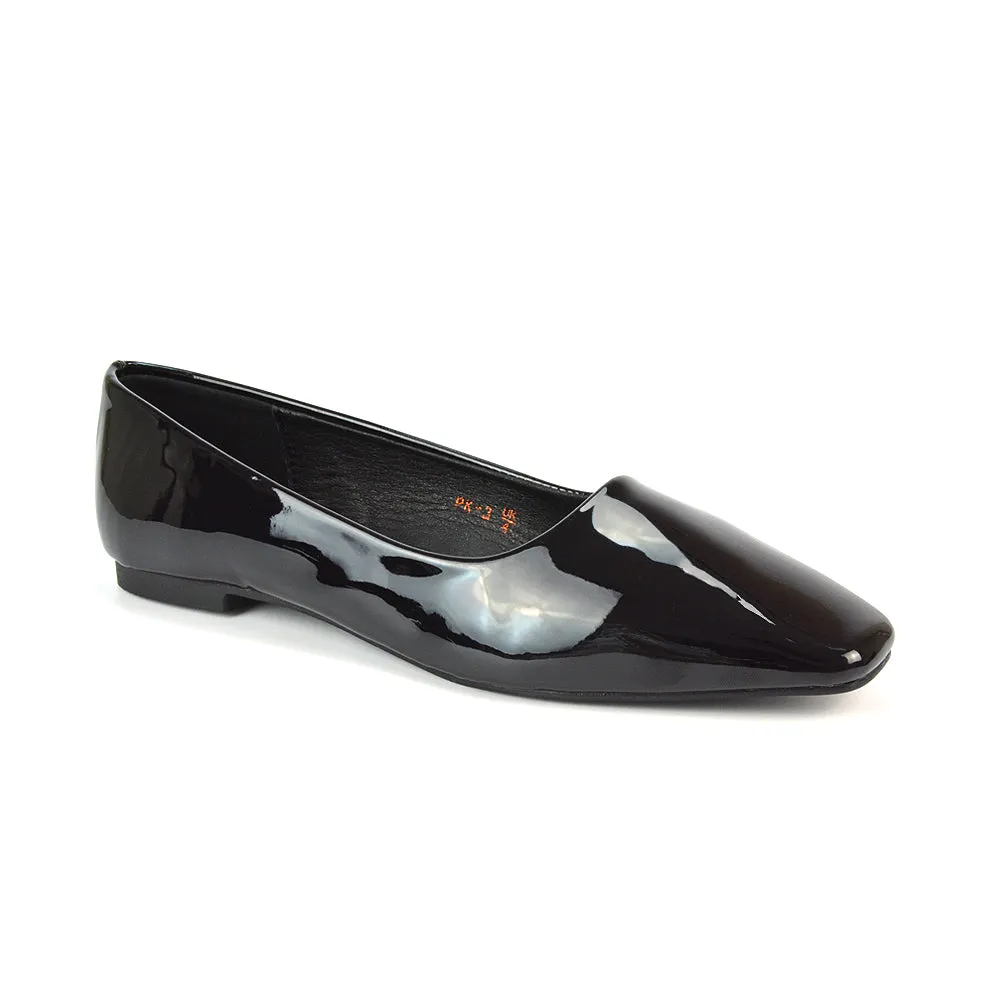Maci Square Toe Slip on Flat Heel Ballerina Pumps in Black Patent