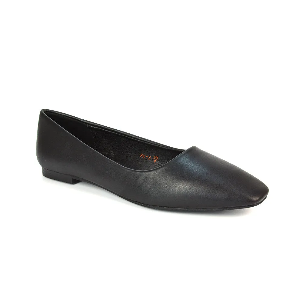 Maci Square Toe Slip on Flat Heel Ballerina Pumps in Black Patent