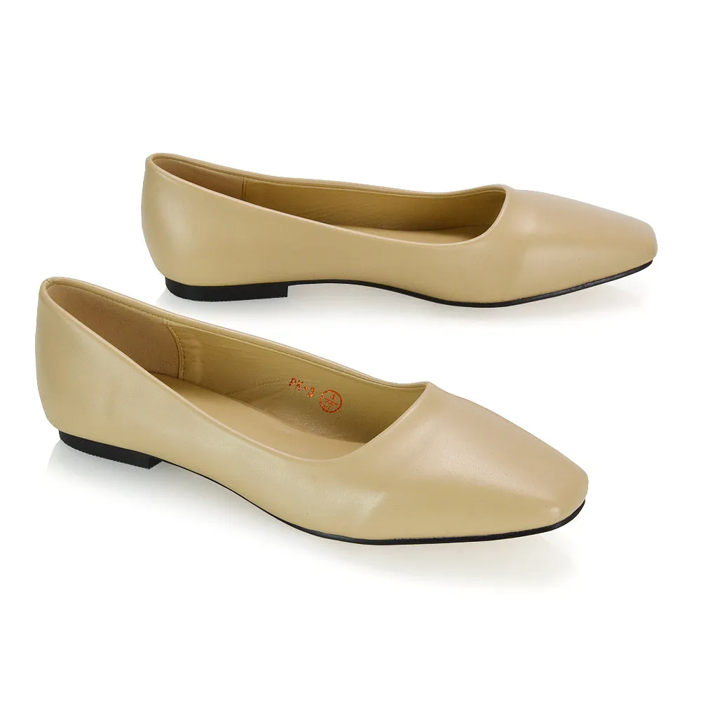 Maci Square Toe Slip on Flat Heel Ballerina Pumps in Black Patent