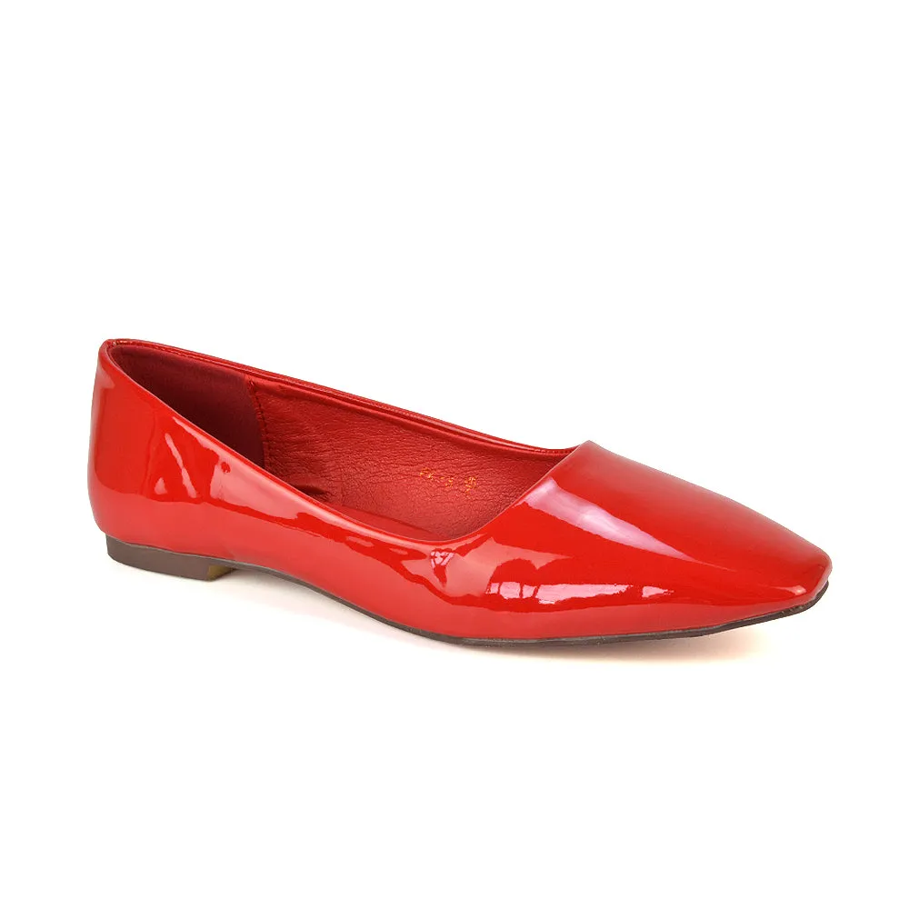 Maci Square Toe Slip on Flat Heel Ballerina Pumps in Black Patent