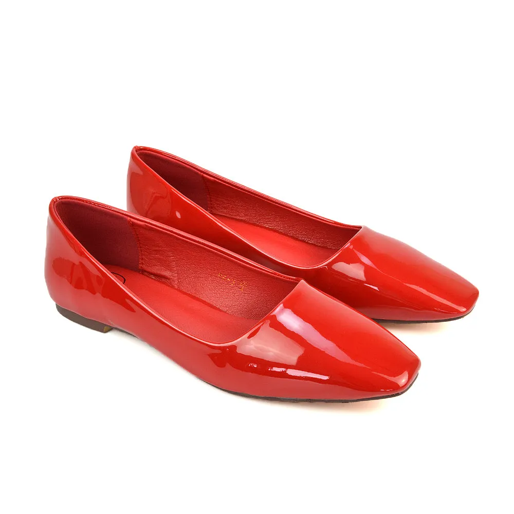 Maci Square Toe Slip on Flat Heel Ballerina Pumps in Black Patent