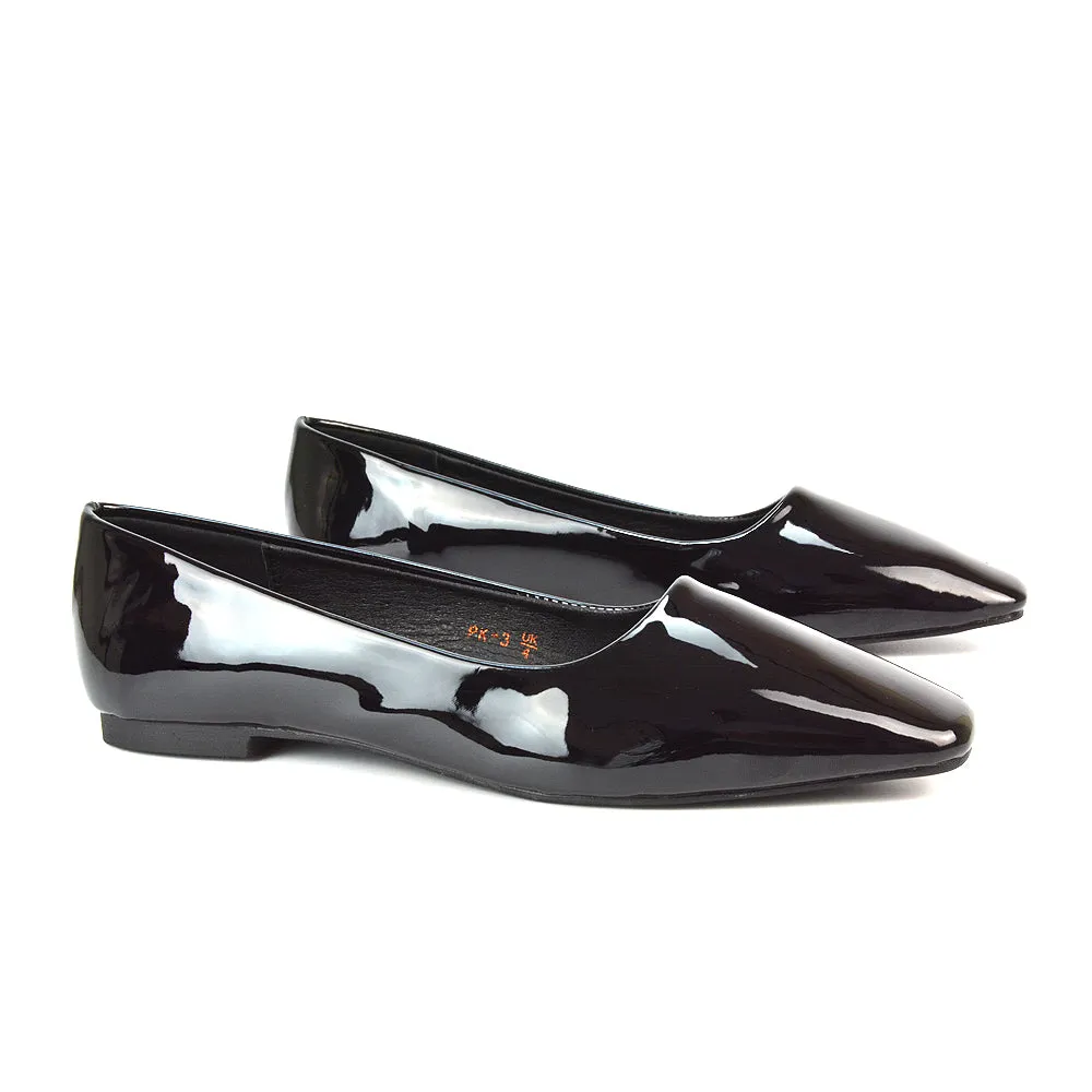 Maci Square Toe Slip on Flat Heel Ballerina Pumps in Black Patent