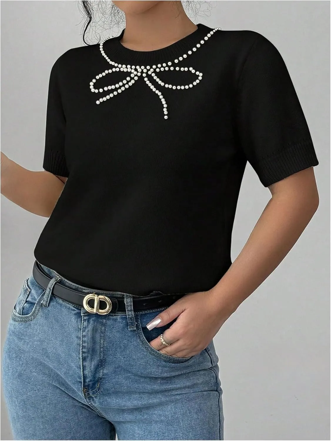 MakeMeChic Women's Bow Sweater Crew Neck Short Sleeve Knitted Pullover Beaded Tops