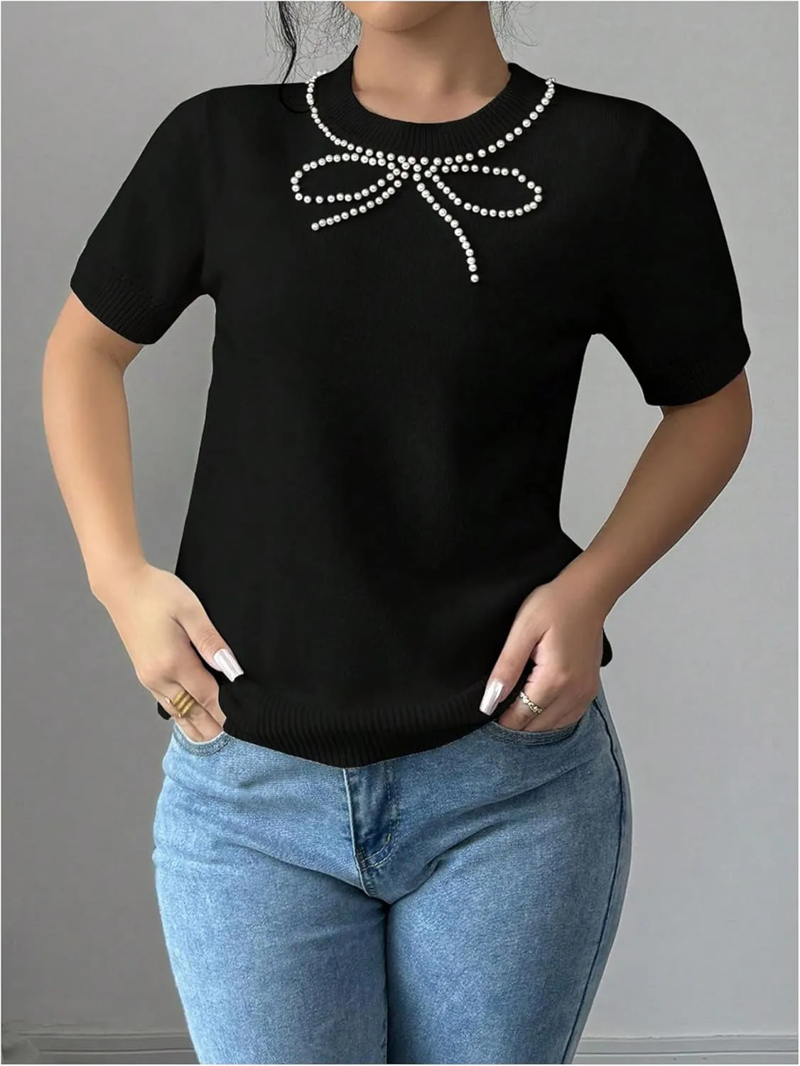 MakeMeChic Women's Bow Sweater Crew Neck Short Sleeve Knitted Pullover Beaded Tops