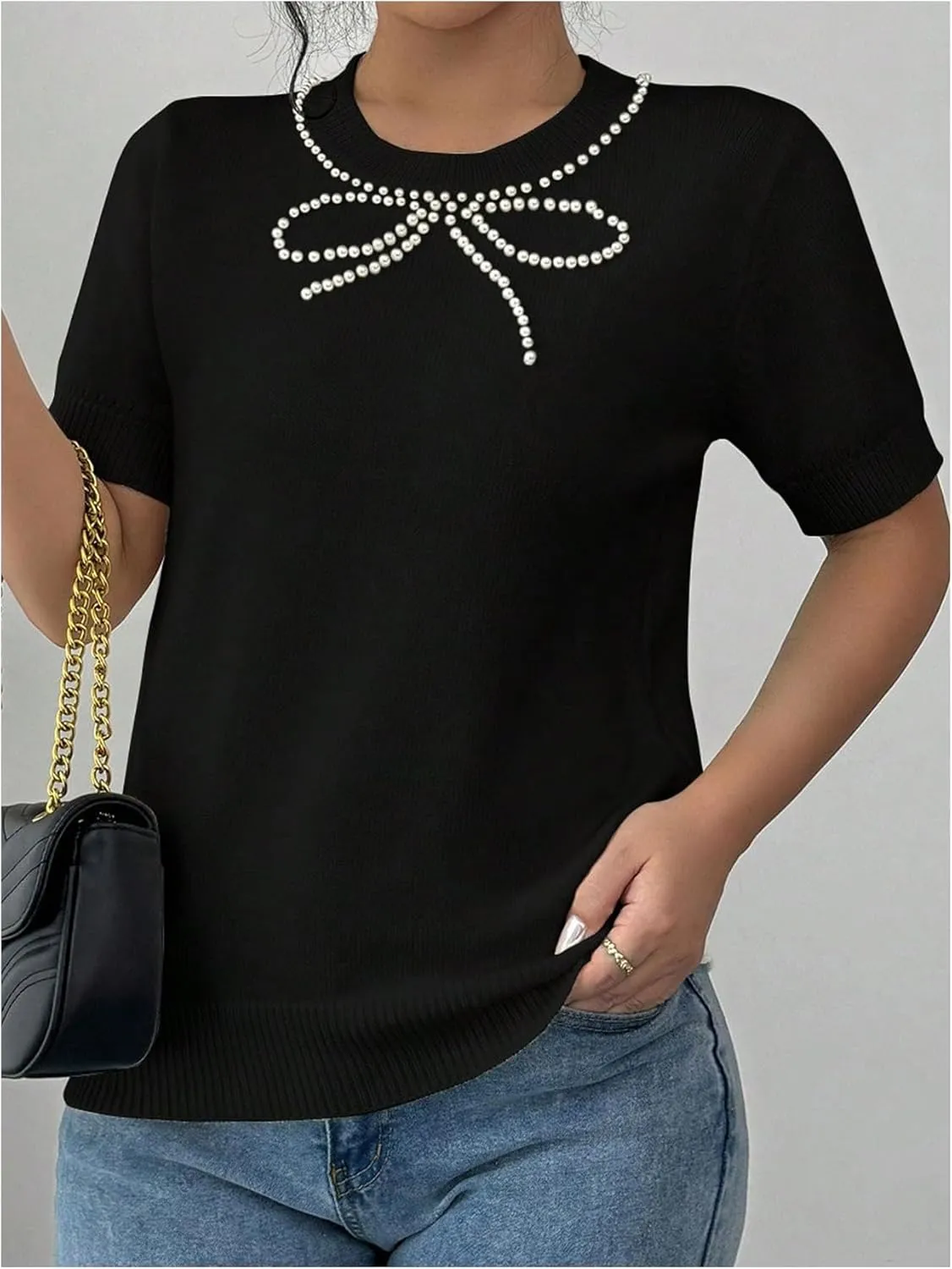MakeMeChic Women's Bow Sweater Crew Neck Short Sleeve Knitted Pullover Beaded Tops