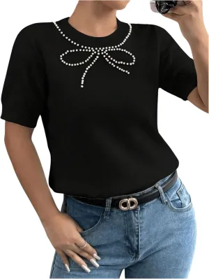 MakeMeChic Women's Bow Sweater Crew Neck Short Sleeve Knitted Pullover Beaded Tops