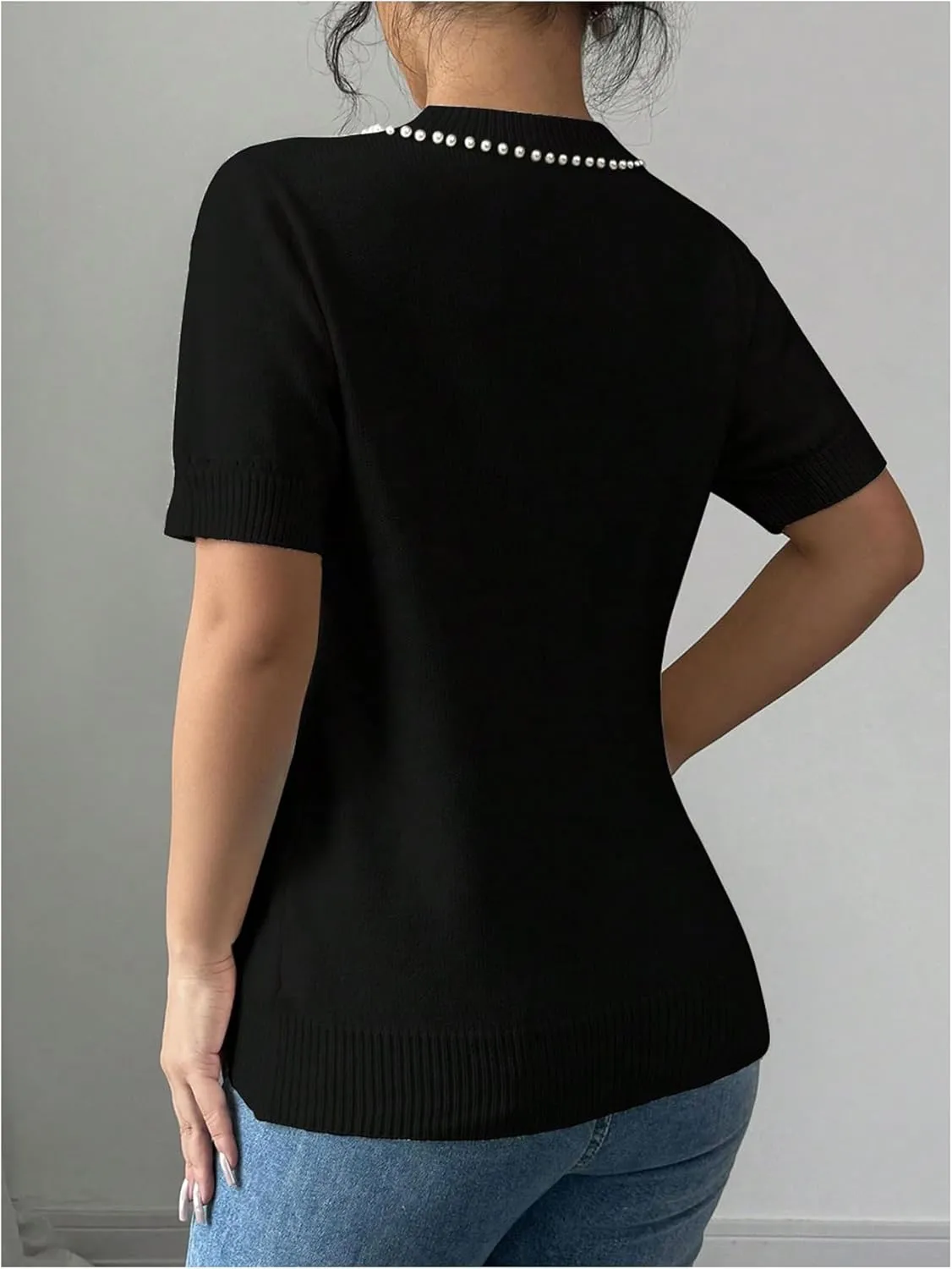 MakeMeChic Women's Bow Sweater Crew Neck Short Sleeve Knitted Pullover Beaded Tops