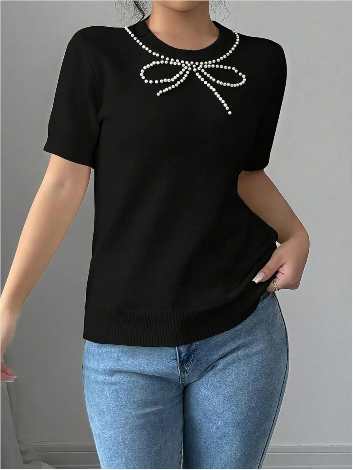 MakeMeChic Women's Bow Sweater Crew Neck Short Sleeve Knitted Pullover Beaded Tops