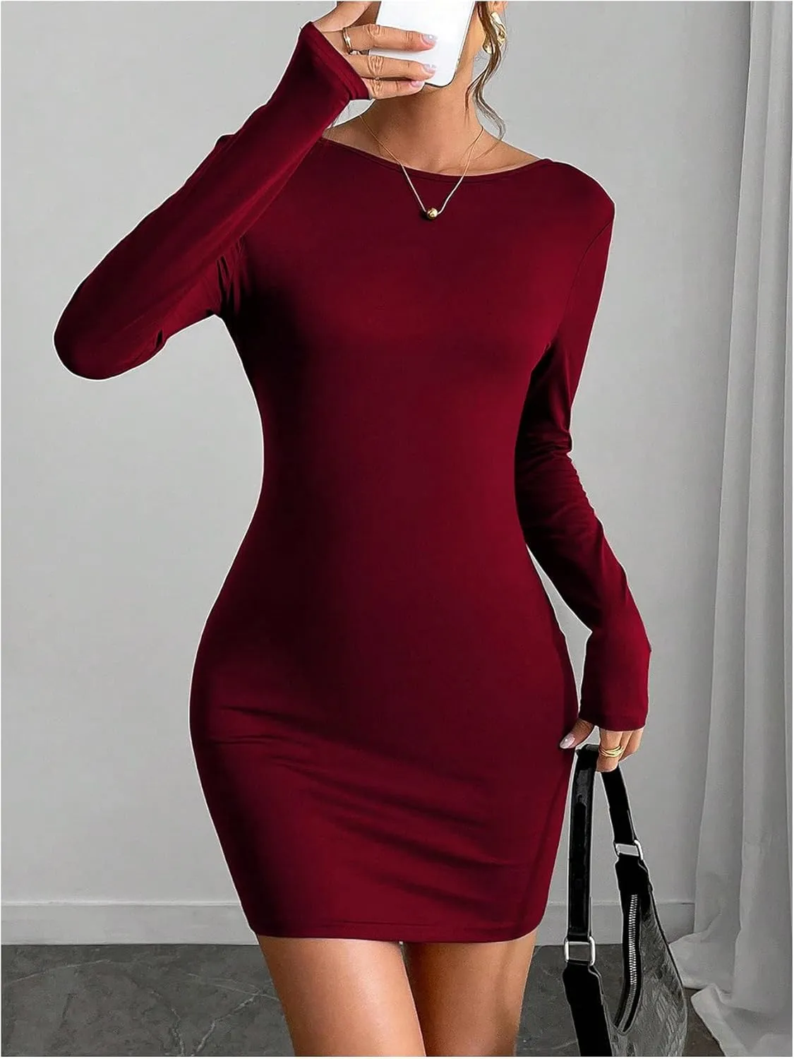 MakeMeChic Women's Open Back Long Sleeve Backless Round Neck Slim Fit Bodycon Mini Dress