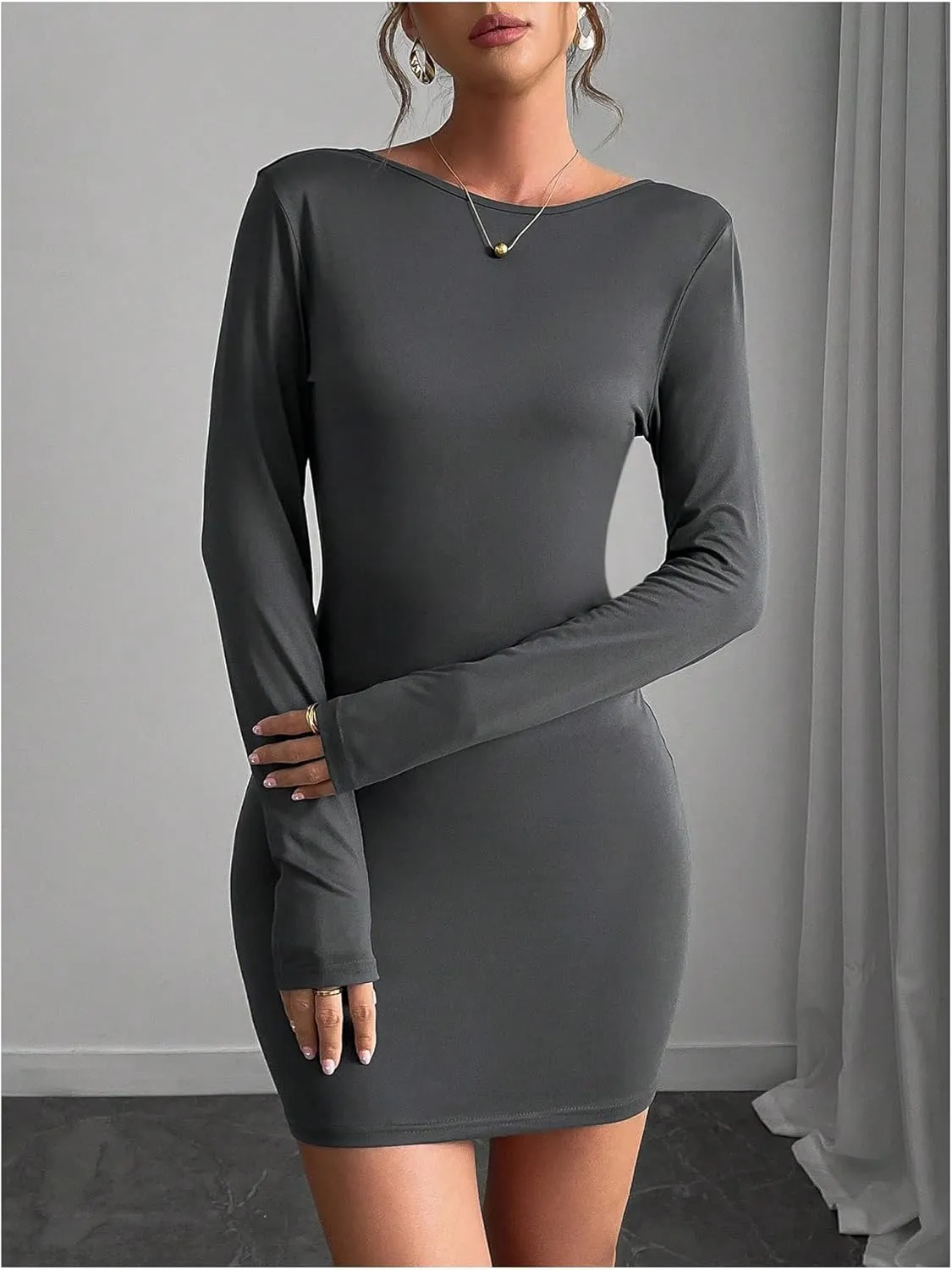 MakeMeChic Women's Open Back Long Sleeve Backless Round Neck Slim Fit Bodycon Mini Dress