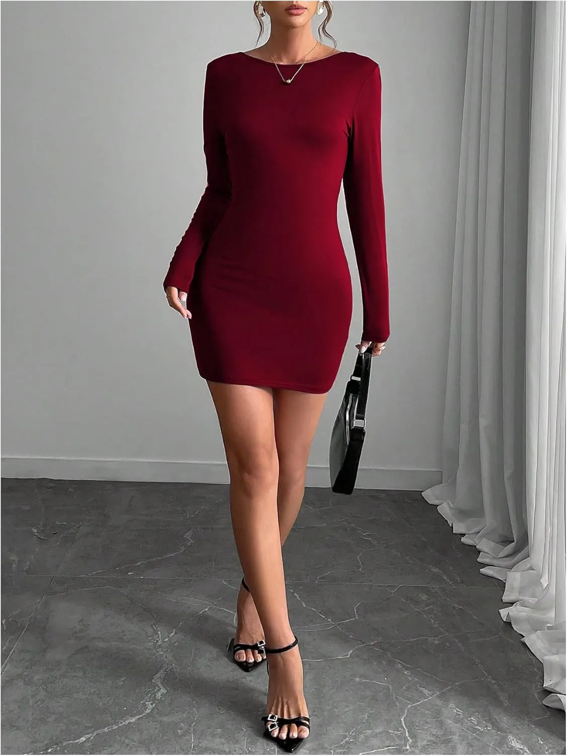 MakeMeChic Women's Open Back Long Sleeve Backless Round Neck Slim Fit Bodycon Mini Dress