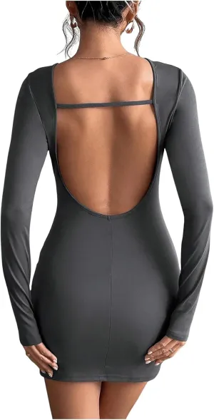 MakeMeChic Women's Open Back Long Sleeve Backless Round Neck Slim Fit Bodycon Mini Dress