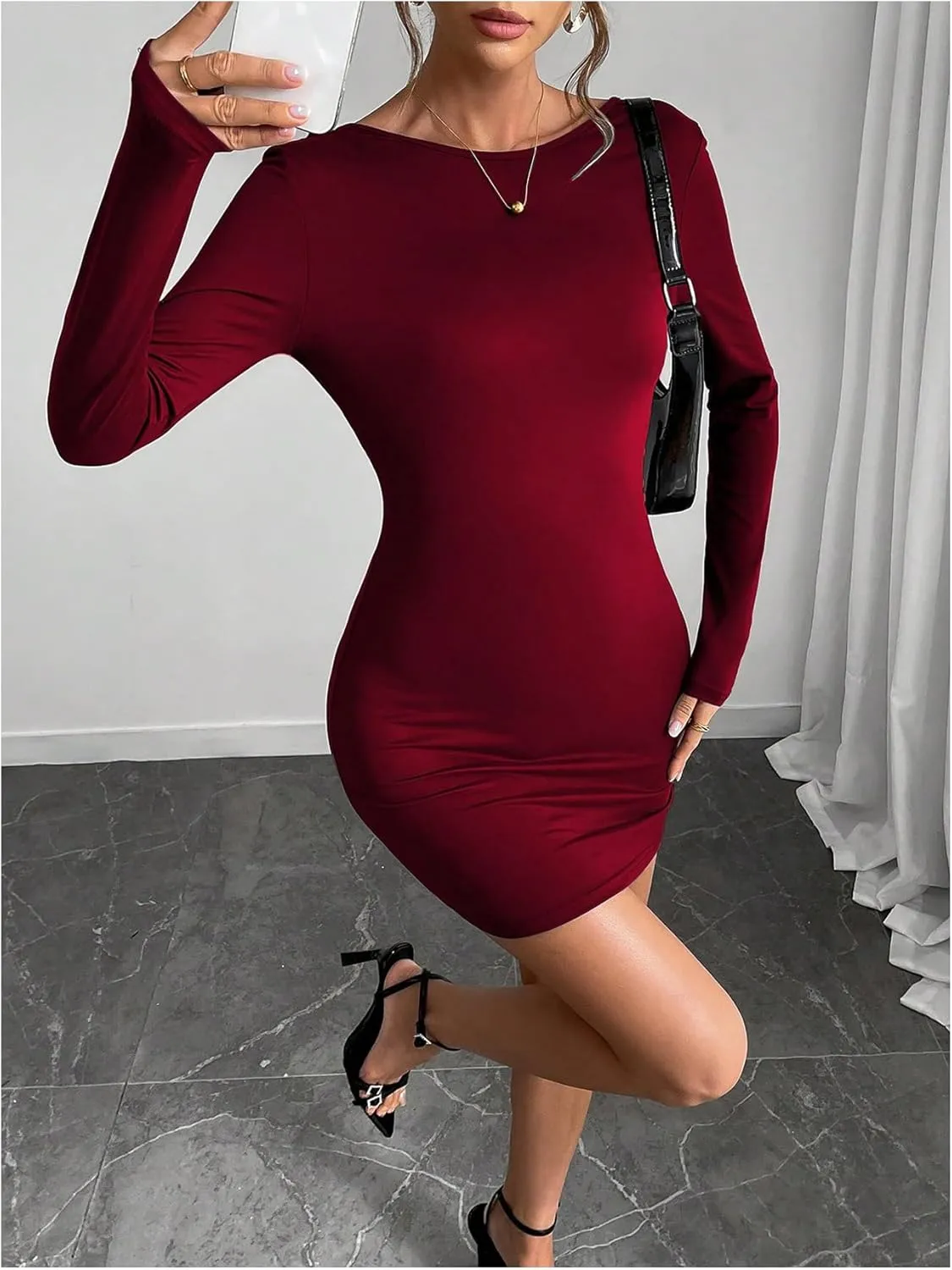 MakeMeChic Women's Open Back Long Sleeve Backless Round Neck Slim Fit Bodycon Mini Dress
