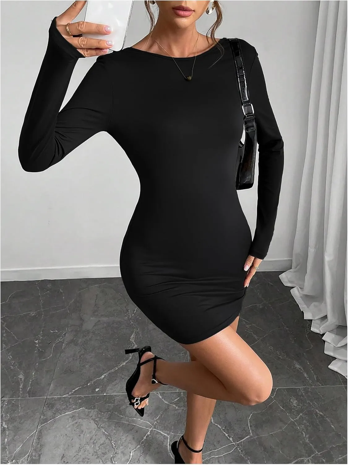MakeMeChic Women's Open Back Long Sleeve Backless Round Neck Slim Fit Bodycon Mini Dress