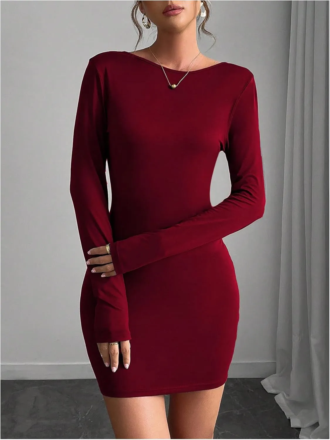 MakeMeChic Women's Open Back Long Sleeve Backless Round Neck Slim Fit Bodycon Mini Dress