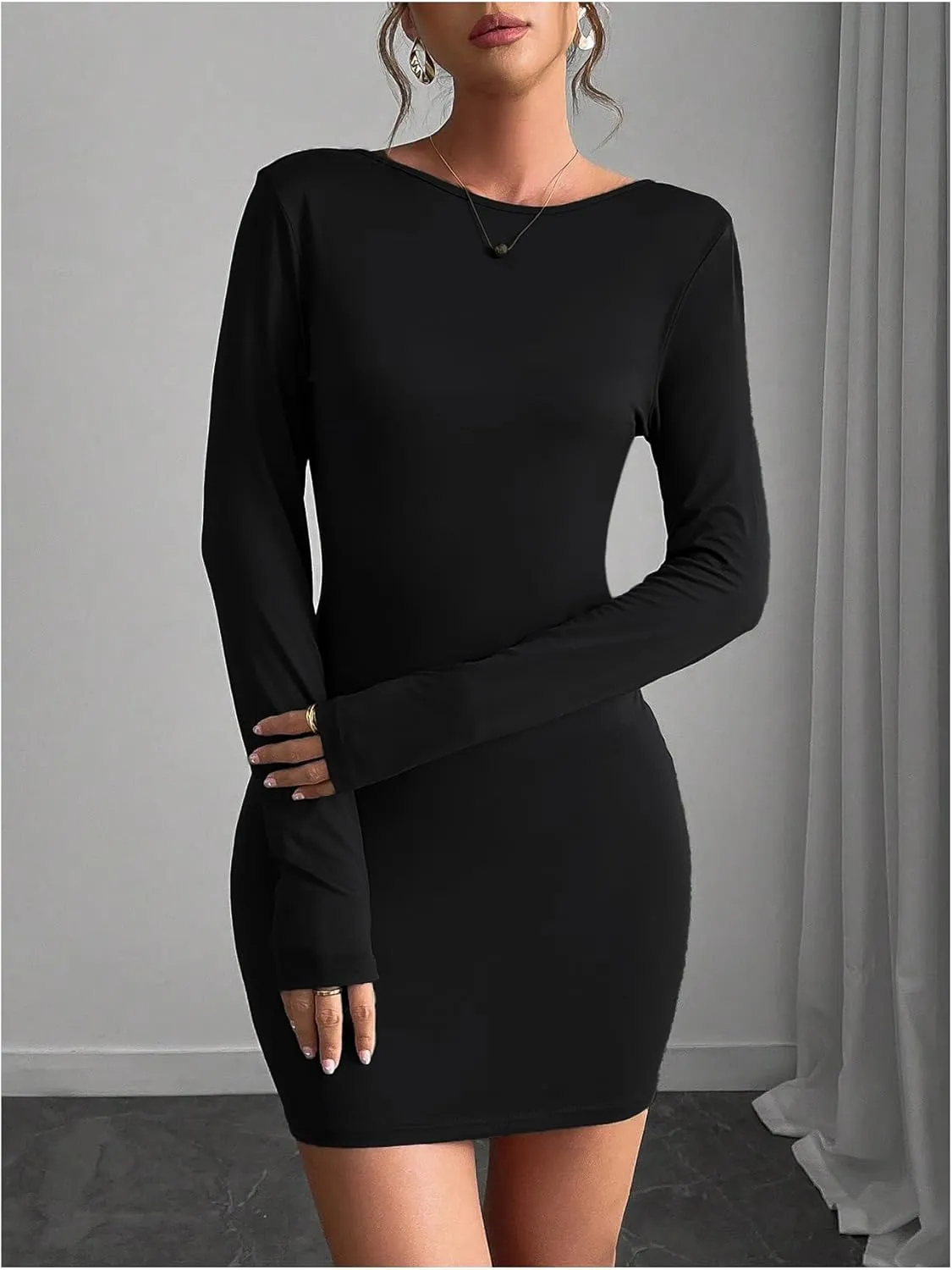MakeMeChic Women's Open Back Long Sleeve Backless Round Neck Slim Fit Bodycon Mini Dress