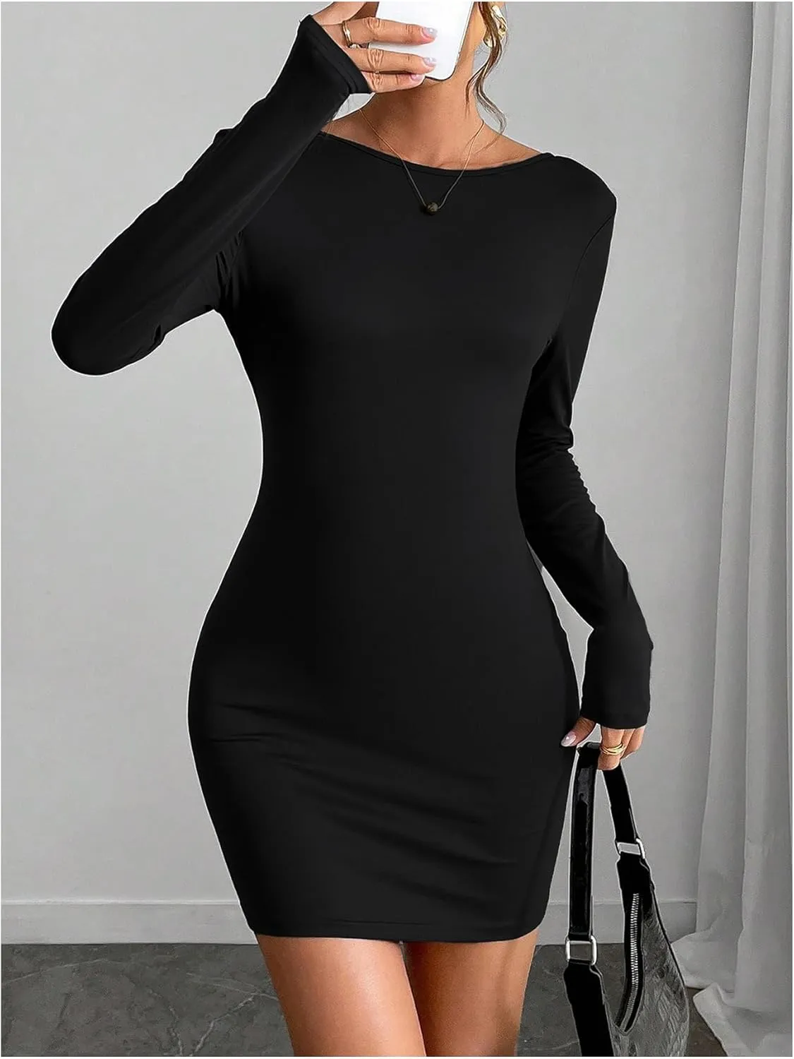 MakeMeChic Women's Open Back Long Sleeve Backless Round Neck Slim Fit Bodycon Mini Dress