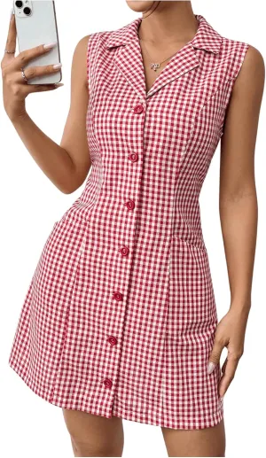 MakeMeChic Women's Plaid Gingham Lapel Button Down Short Dresses Sleeveless A Line Shirt Dress with Pocket