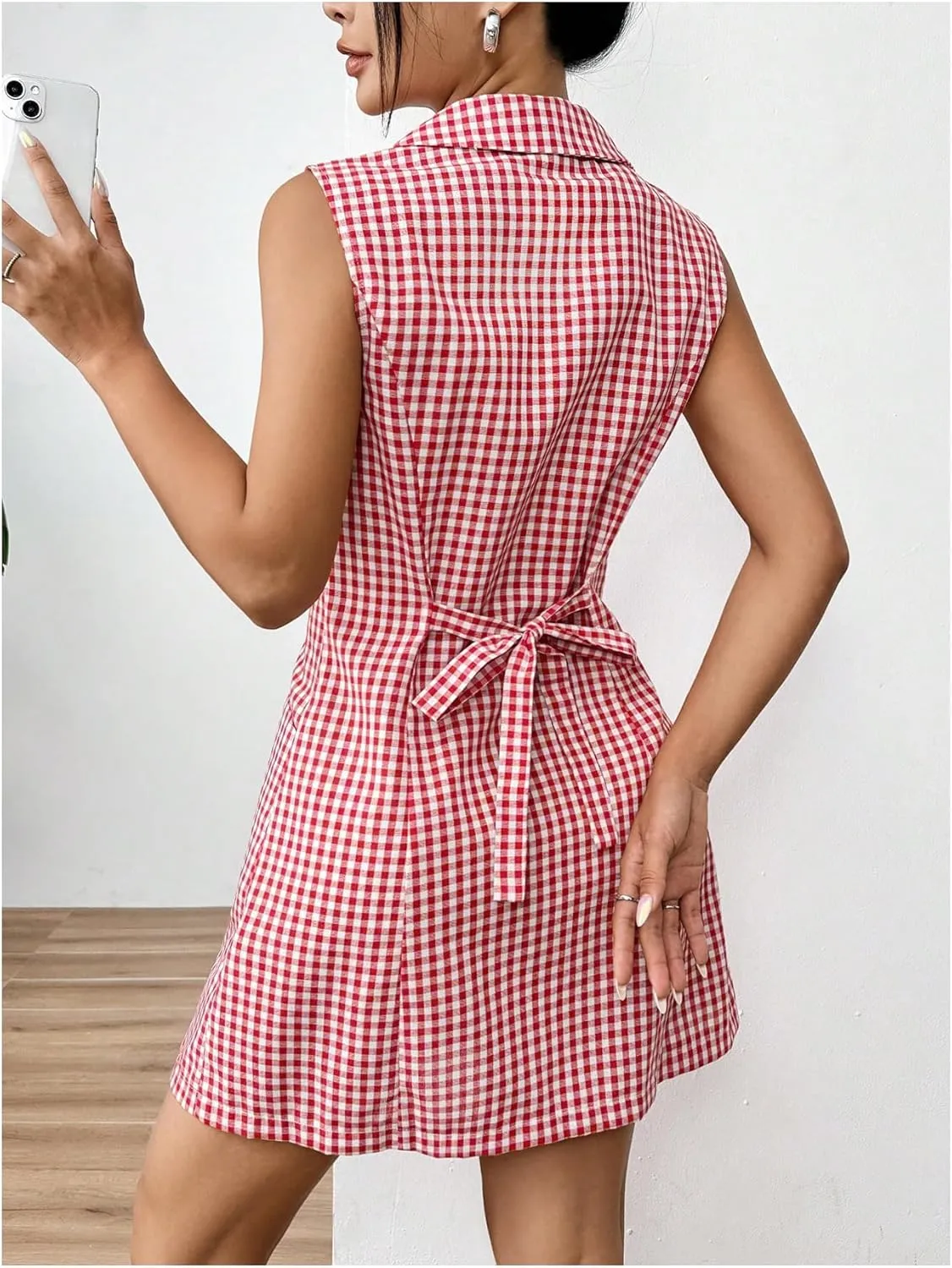 MakeMeChic Women's Plaid Gingham Lapel Button Down Short Dresses Sleeveless A Line Shirt Dress with Pocket