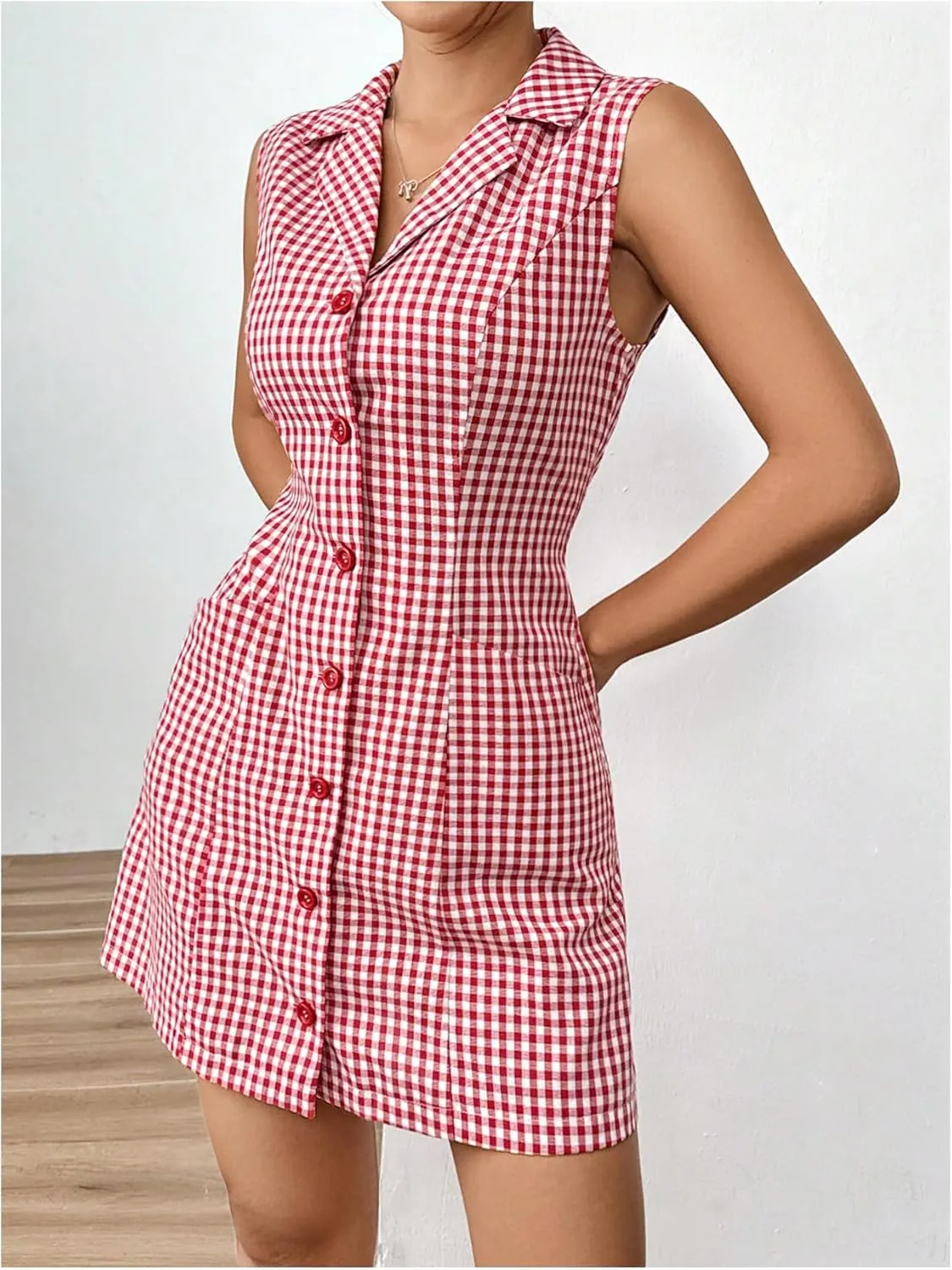 MakeMeChic Women's Plaid Gingham Lapel Button Down Short Dresses Sleeveless A Line Shirt Dress with Pocket