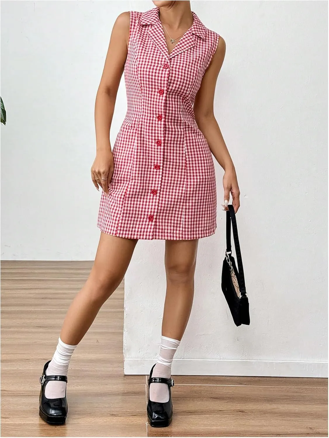 MakeMeChic Women's Plaid Gingham Lapel Button Down Short Dresses Sleeveless A Line Shirt Dress with Pocket