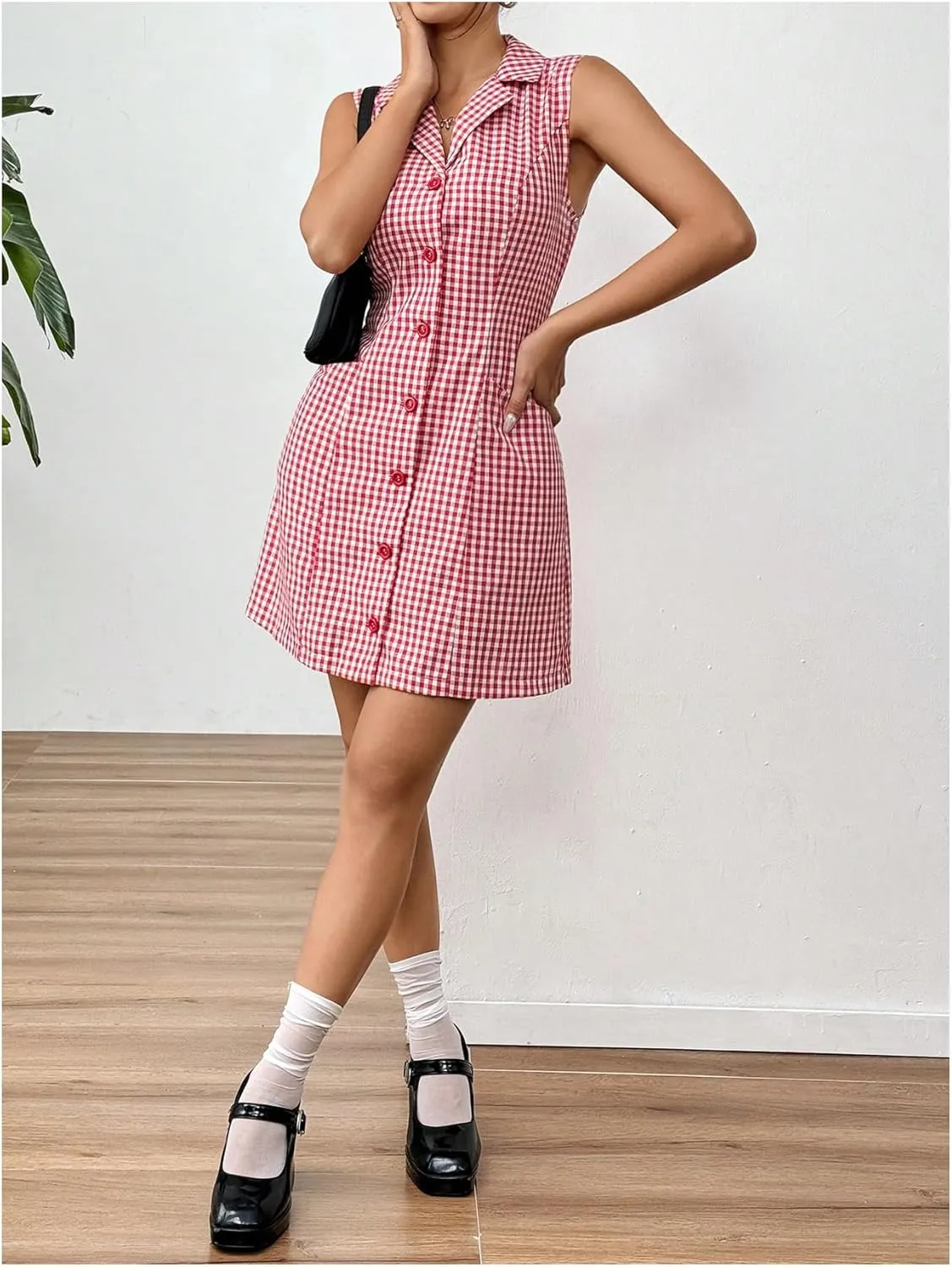 MakeMeChic Women's Plaid Gingham Lapel Button Down Short Dresses Sleeveless A Line Shirt Dress with Pocket
