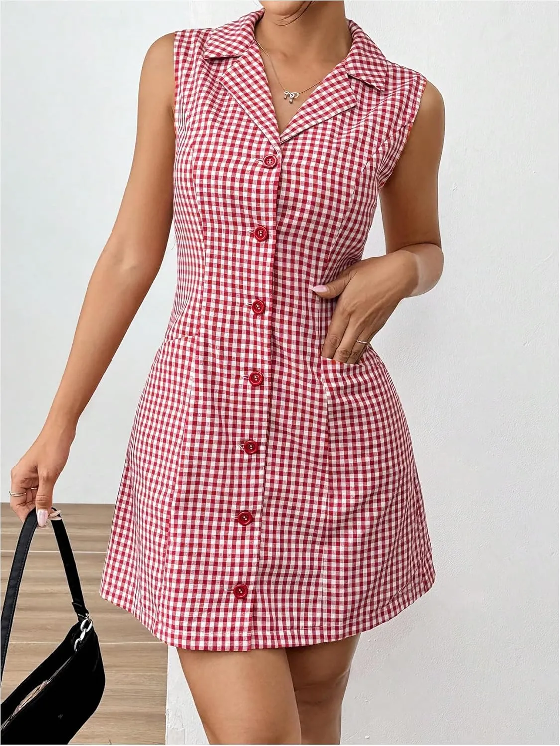 MakeMeChic Women's Plaid Gingham Lapel Button Down Short Dresses Sleeveless A Line Shirt Dress with Pocket