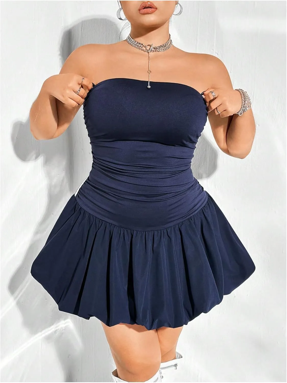 MakeMeChic Women's Plus Size Bandeau Neck Mini Dress High Waist Slim Fit Flared Dresses