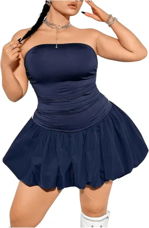 MakeMeChic Women's Plus Size Bandeau Neck Mini Dress High Waist Slim Fit Flared Dresses