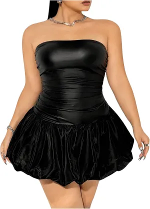 MakeMeChic Women's Plus Size Bandeau Neck Mini Dress High Waist Slim Fit Flared Dresses