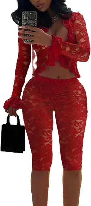Mandonce 2 Piece Sets for Women Lace Long Sleeve Crop Top Ruffle See Through and High Waisted Capri Leggings Sexy Club Outfit