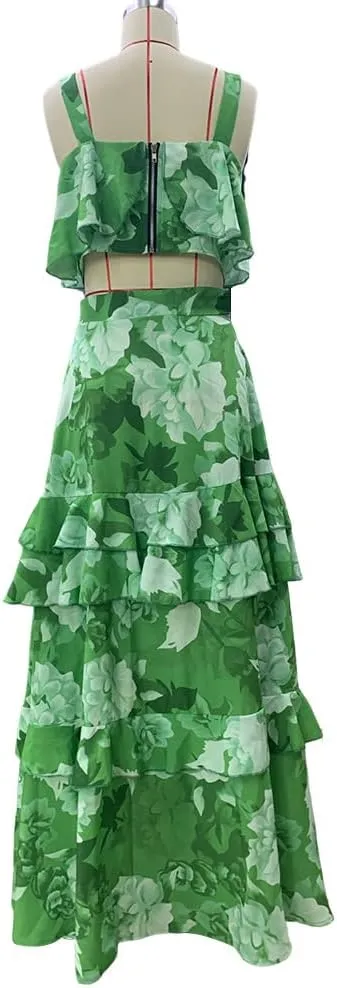 Mandonce 2 Piece Skirt Sets for Women Floral Printed Halter Crop Top Ruffle Maxi Skirt Set Sexy Dresses for Women