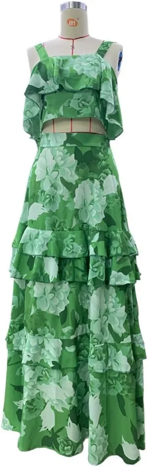 Mandonce 2 Piece Skirt Sets for Women Floral Printed Halter Crop Top Ruffle Maxi Skirt Set Sexy Dresses for Women
