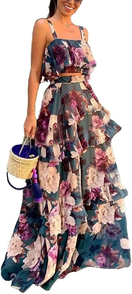 Mandonce 2 Piece Skirt Sets for Women Floral Printed Halter Crop Top Ruffle Maxi Skirt Set Sexy Dresses for Women