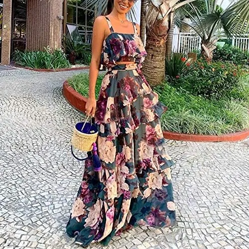 Mandonce 2 Piece Skirt Sets for Women Floral Printed Halter Crop Top Ruffle Maxi Skirt Set Sexy Dresses for Women