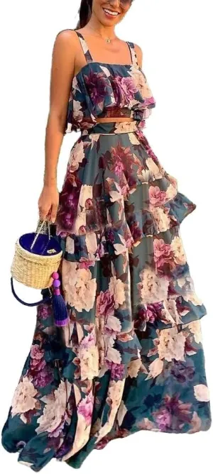 Mandonce 2 Piece Skirt Sets for Women Floral Printed Halter Crop Top Ruffle Maxi Skirt Set Sexy Dresses for Women