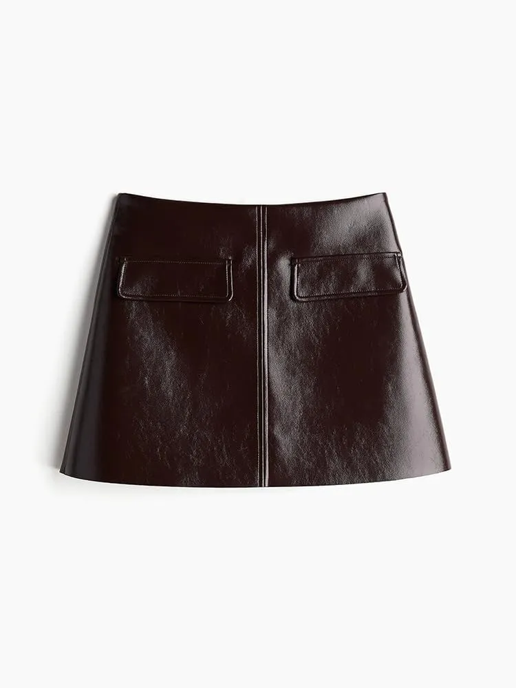 Mandonce Leather Skirt Set Long Sleeve Button up Leather Jacket and A Line Mini Skirt Matching Sets Casual Outfits for Women