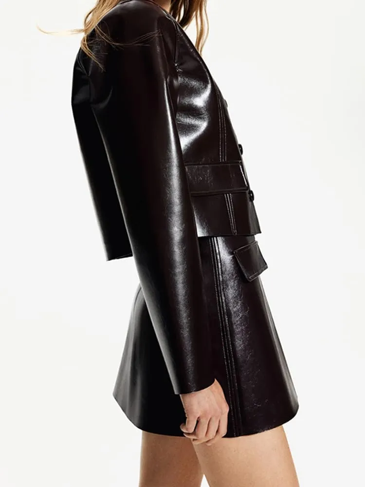 Mandonce Leather Skirt Set Long Sleeve Button up Leather Jacket and A Line Mini Skirt Matching Sets Casual Outfits for Women