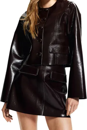 Mandonce Leather Skirt Set Long Sleeve Button up Leather Jacket and A Line Mini Skirt Matching Sets Casual Outfits for Women