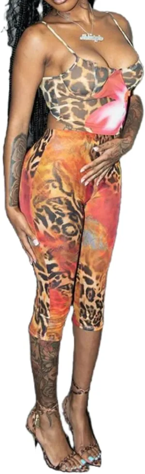Mandonce Sexy Outfit For Women Going Out Leopard Print Floral Off The Shoulder Crop Camisole Tops and High Waist Capri Pants